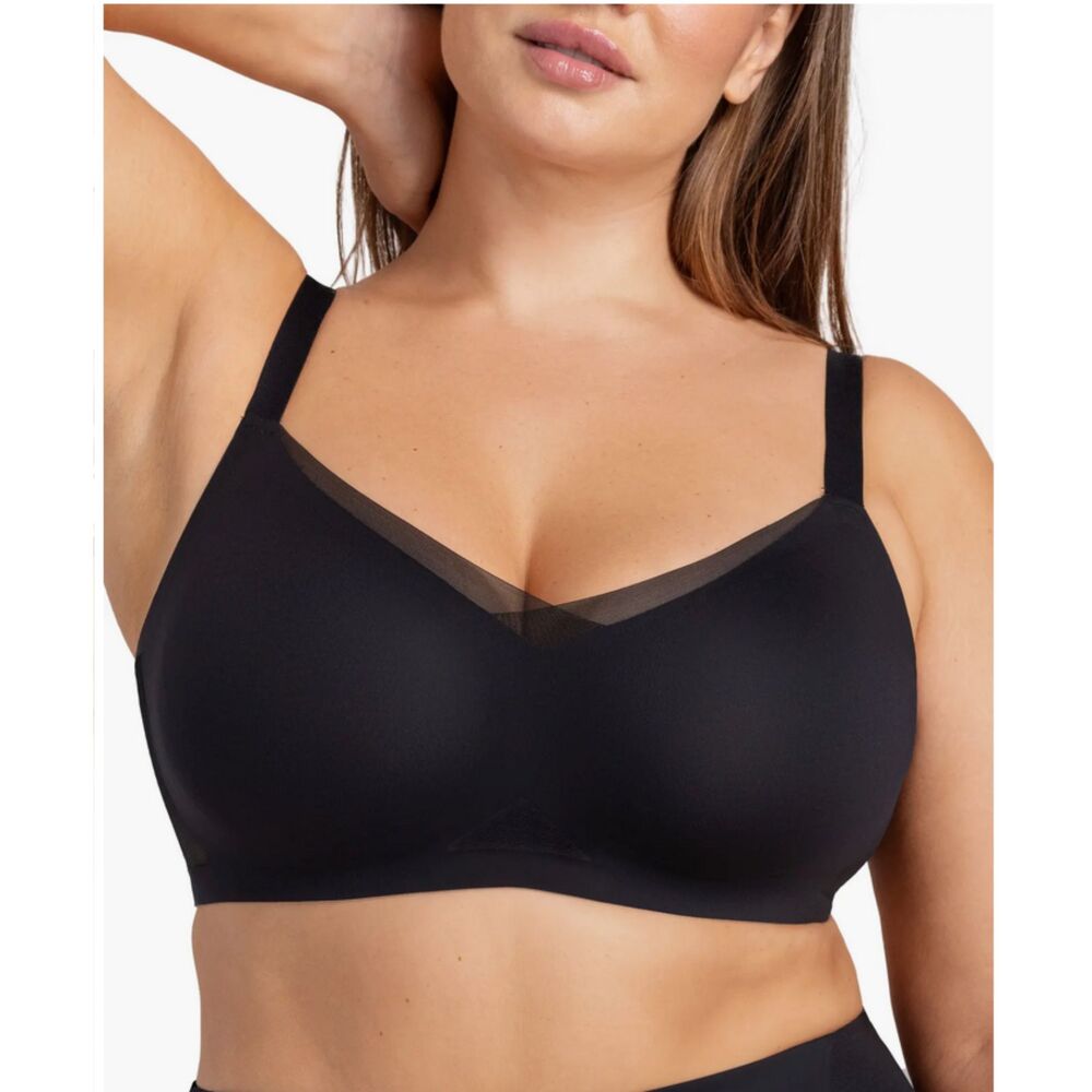 Honeylove Crossover Liftwear Bra Black Mesh Wireless Push-Up Supportive 38D DD E